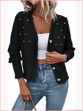 Women's Button Up Cardigan V Neck Faux Pearls Dressy Fall Sweater
